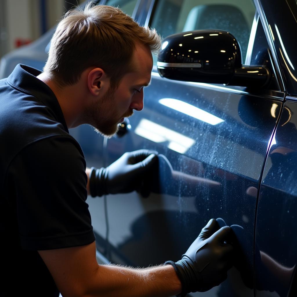 Professional Car Detailer Examining Vehicle Paint