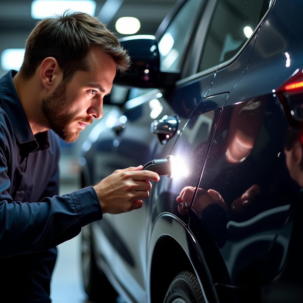 Professional Car Detailer Examining Vehicle Paint for Imperfections