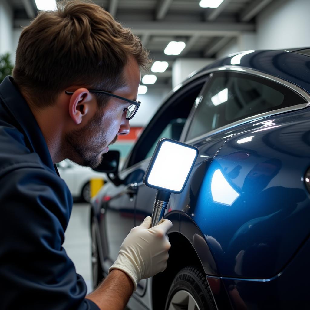 Professional Car Detailer Inspecting Paint