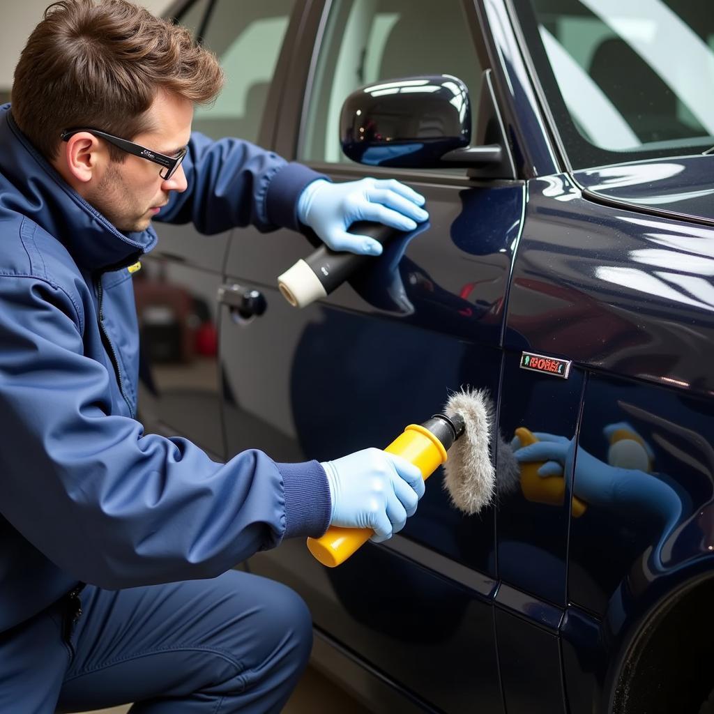 Professional car detailer working on a vehicle