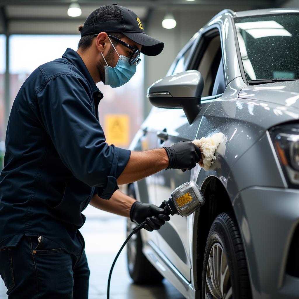 Professional Car Detailer Working on Vehicle Detailing