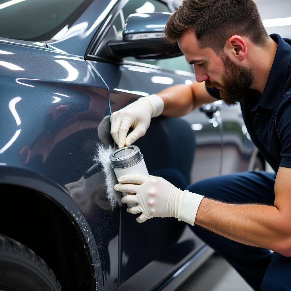 Professional car detailer at work