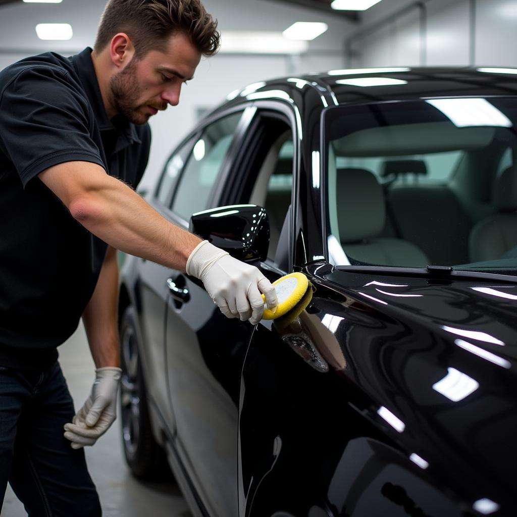 Professional Car Detailing Grand Prairie TX: A technician applies a ceramic coating to a car's paint, ensuring protection and a glossy finish.  The car is in a well-lit detailing bay, showcasing the meticulous process.