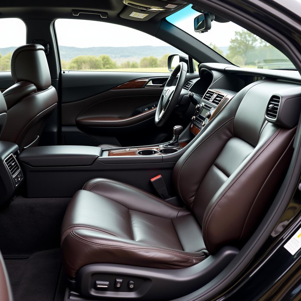 Professional Car Detailing Interior:  A close-up of a car's meticulously cleaned and conditioned leather seats and dashboard. 