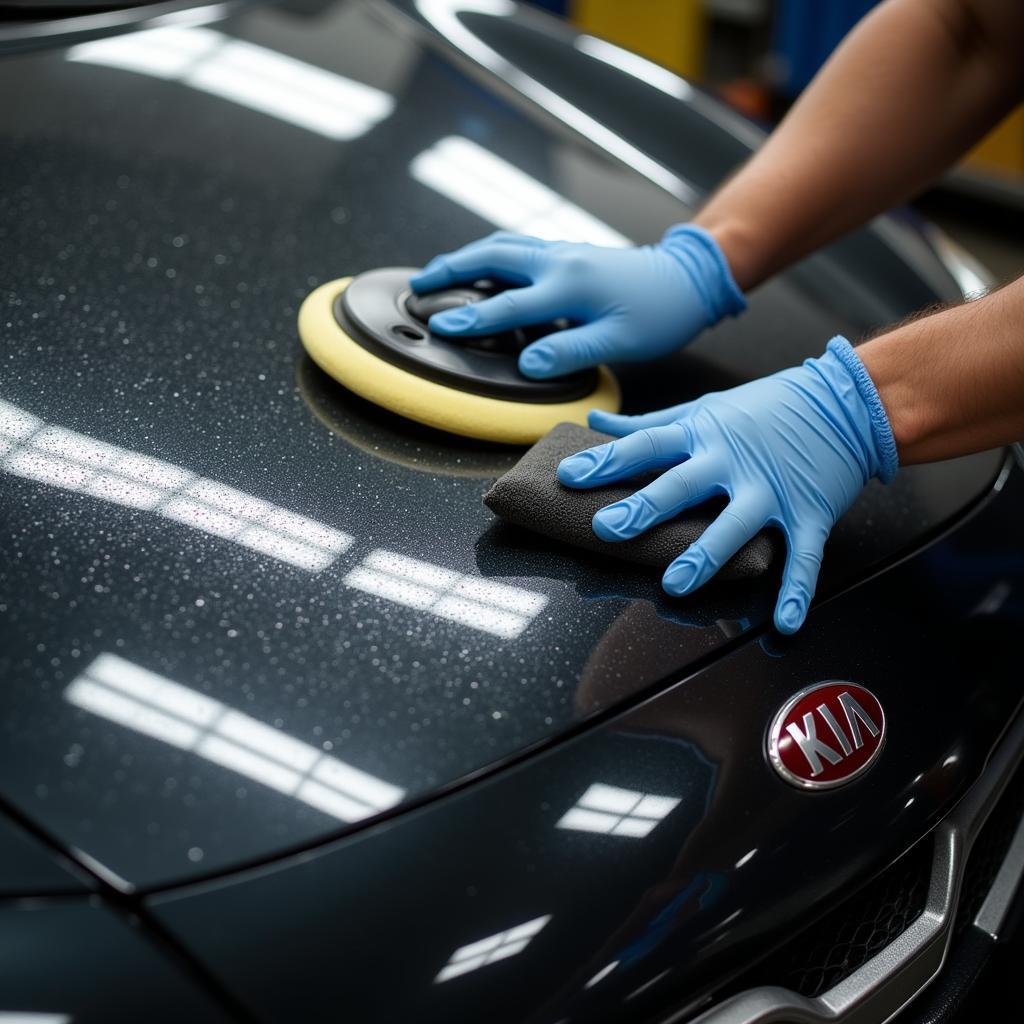 Professional Car Detailing Mohave: Expert meticulously applying ceramic coating to a Kia Mohave for ultimate paint protection and shine.