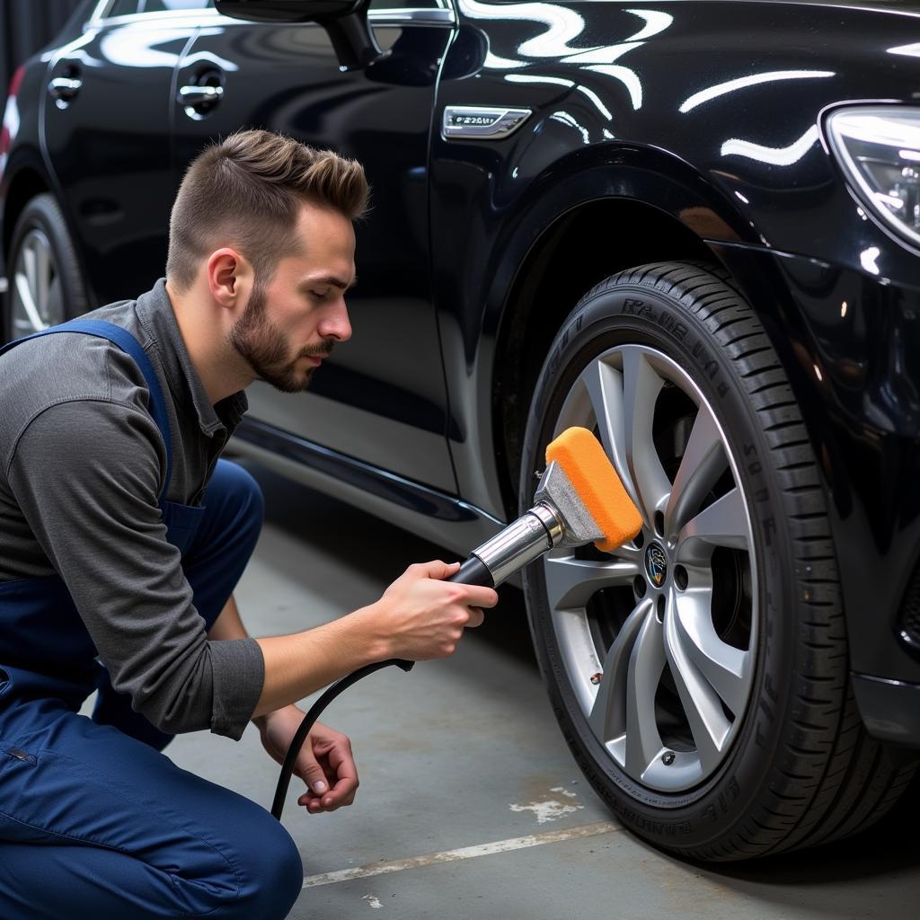 A professional detailer applying a ceramic coating to a car's paintwork