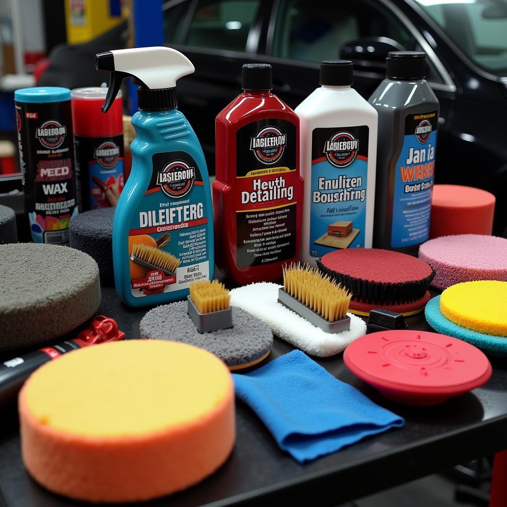 A wide array of professional car detailing tools and products.