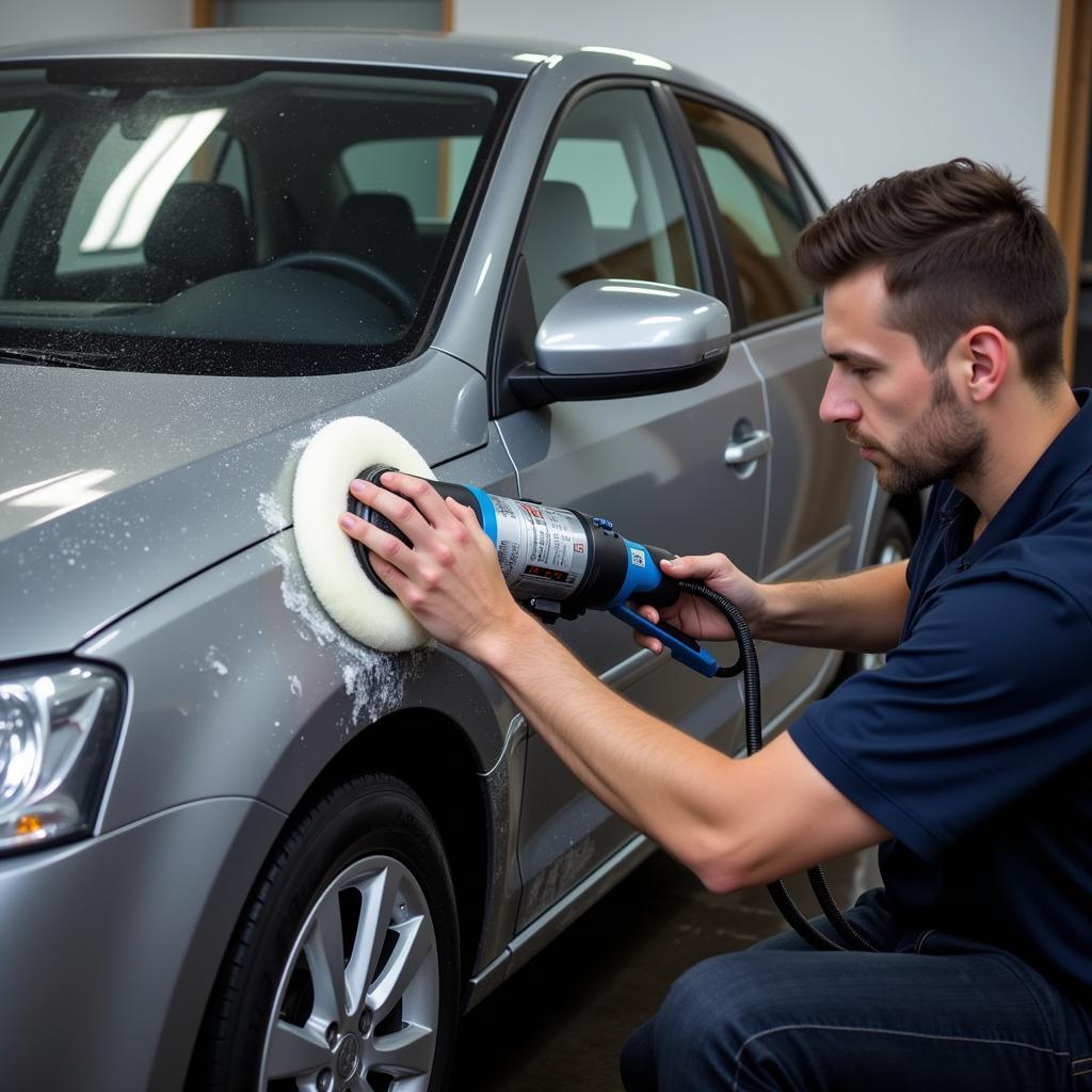 Professional car detailer removing water stains