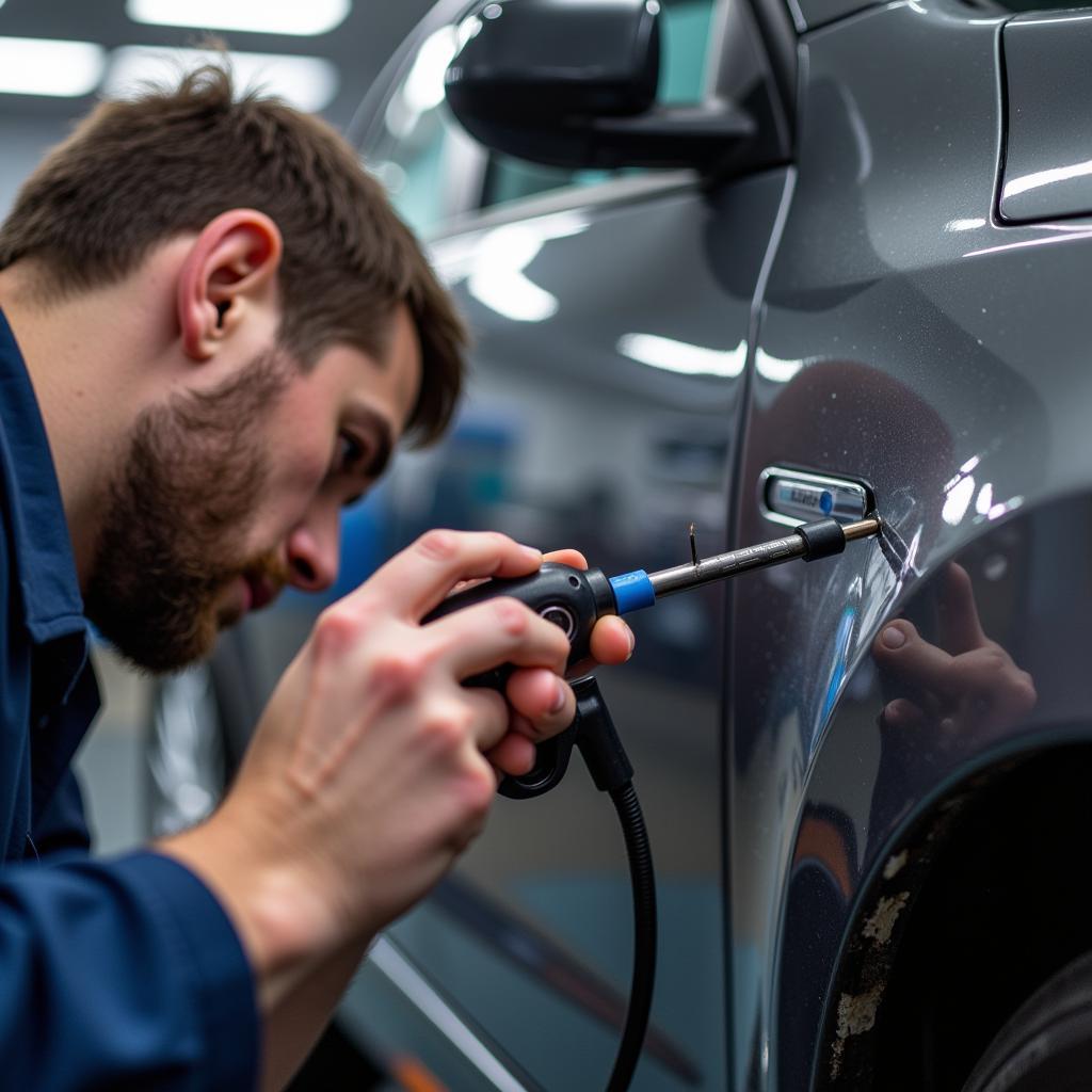 A professional car detailer meticulously repairing paint chips on a vehicle