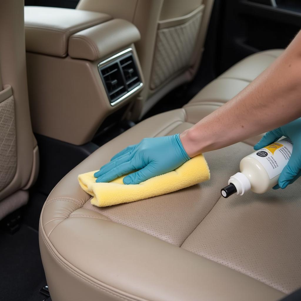 Professional detailer cleaning a leather car seat with specialized products.