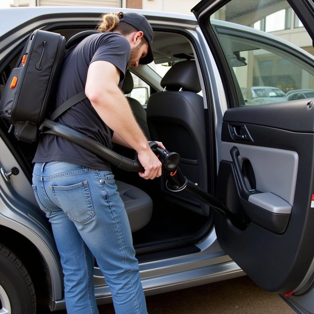 Professional Detailer Using a Backpack Vacuum for Efficient Car Cleaning