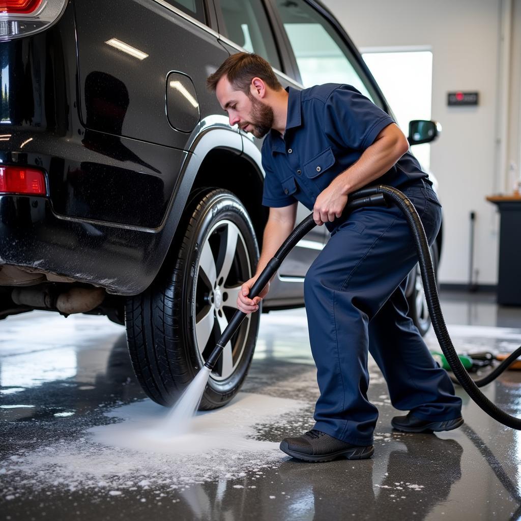 Professional Detailer Cleaning Car Undercarriage