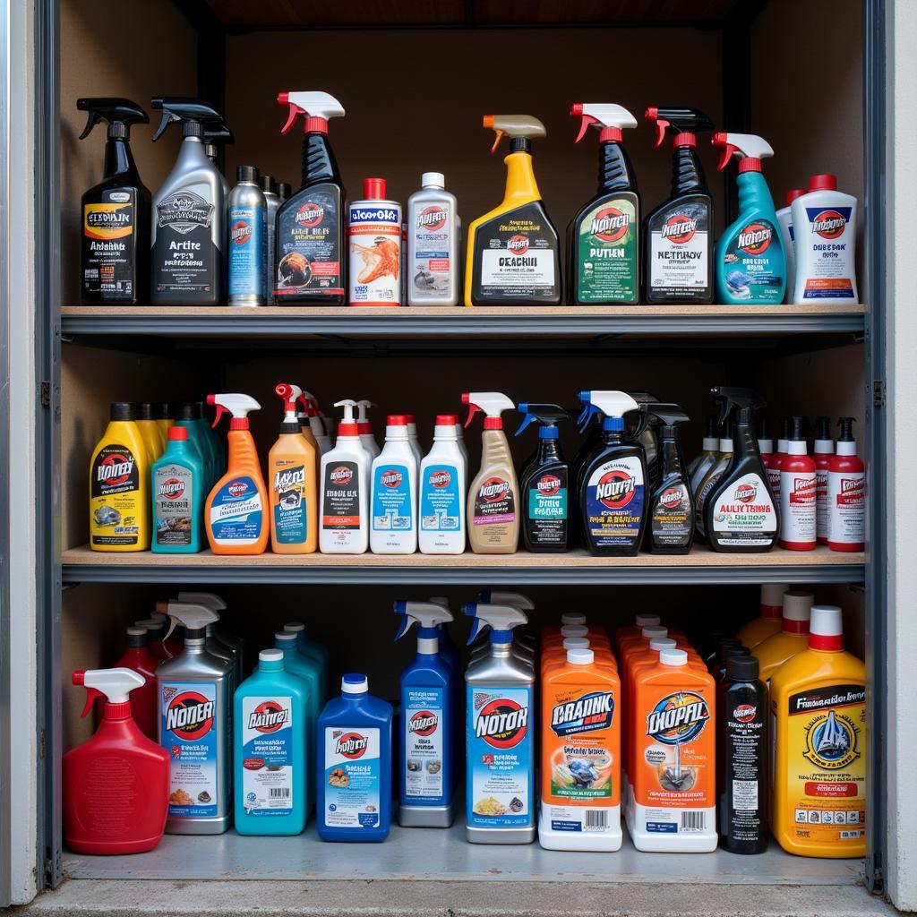 Car detailing products neatly organized in a cool, dry storage area