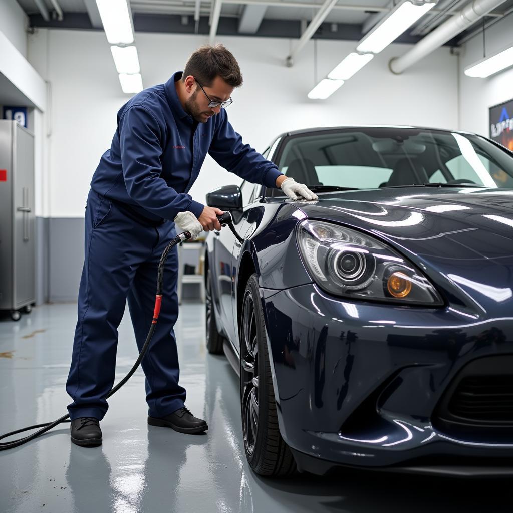 A qualified car detailer meticulously applying a ceramic coating to a vehicle's paint.