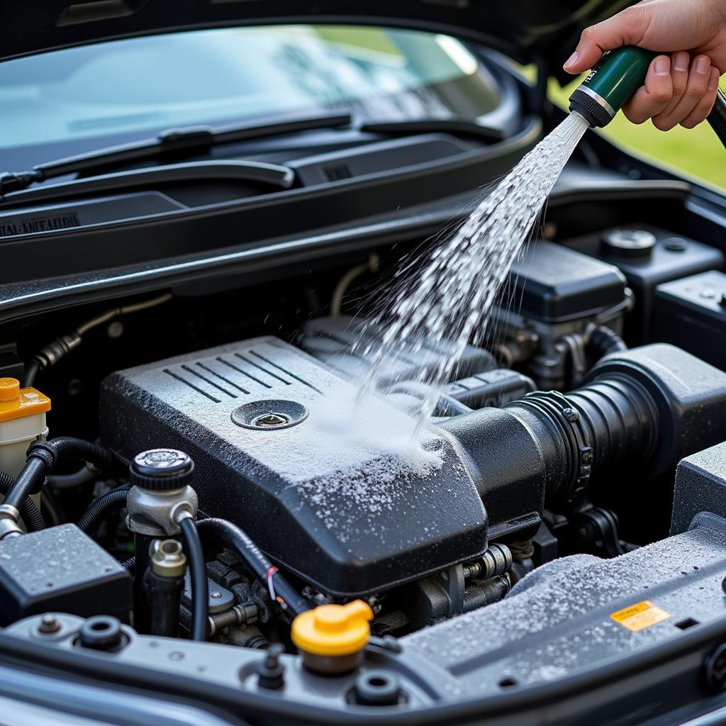 Rinsing a car engine with water after applying degreaser.