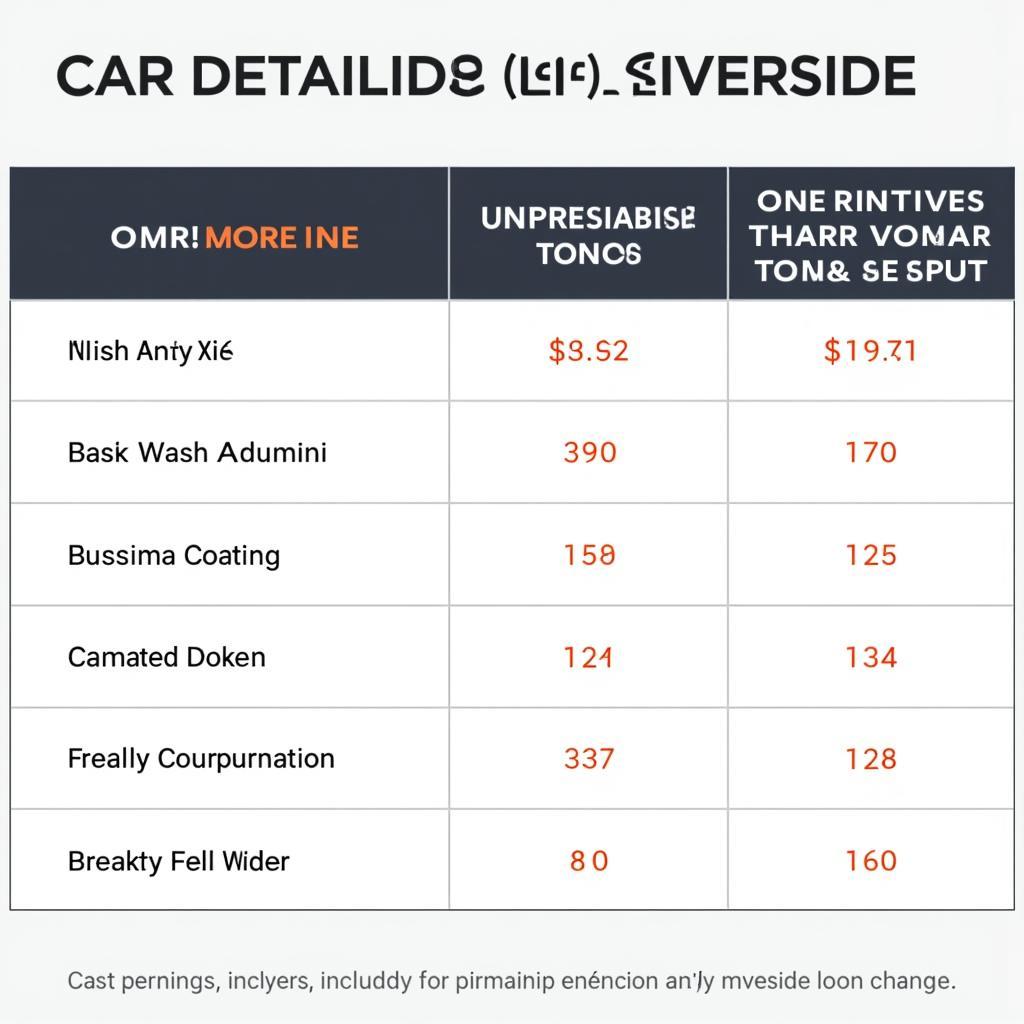 Riverside Car Detailing Price Comparison Chart