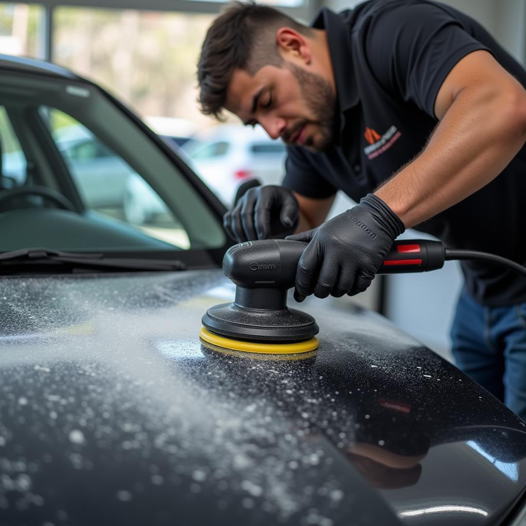 Car paint correction process in a San Marcos detailing shop.