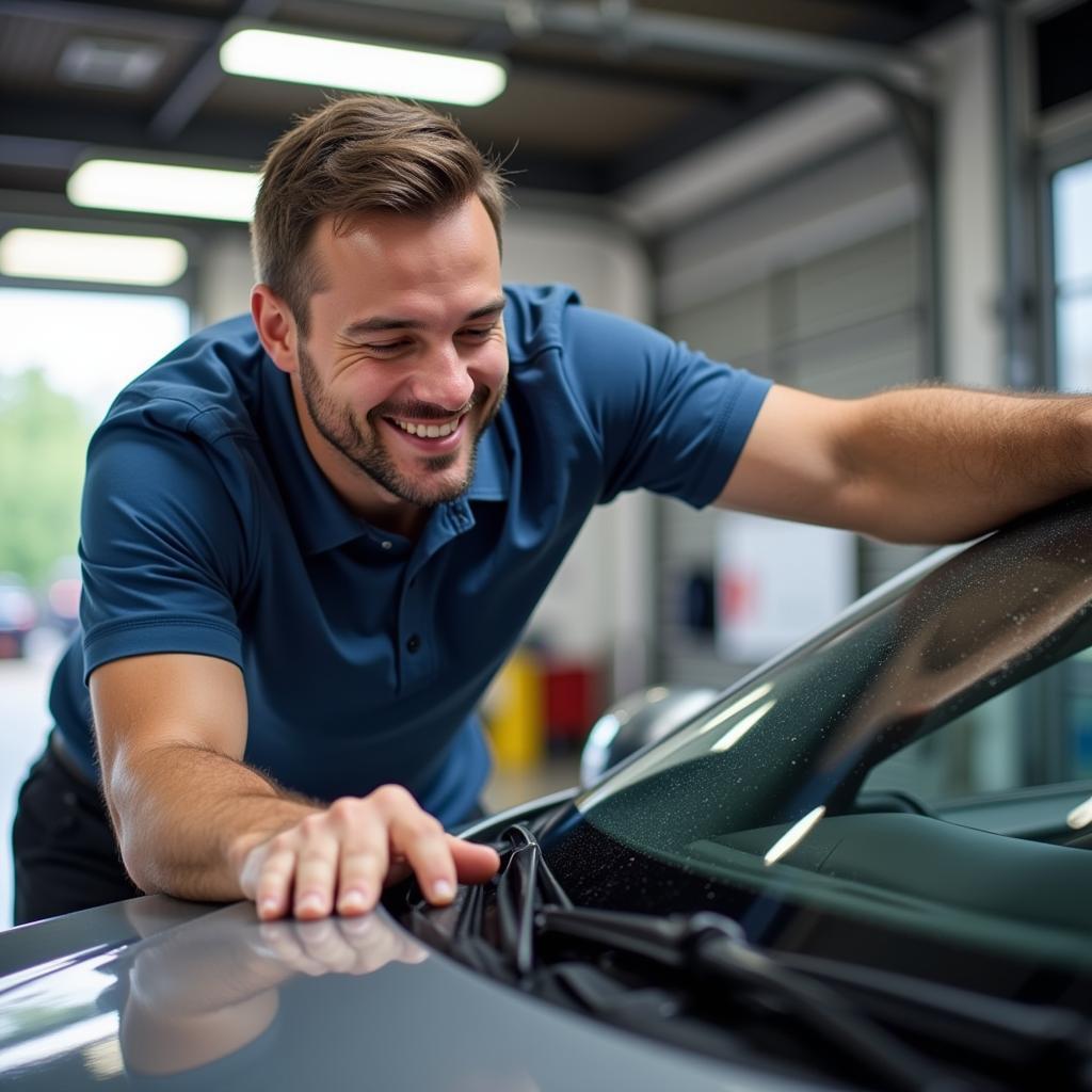 Satisfied Customer Inspecting Detailed Car