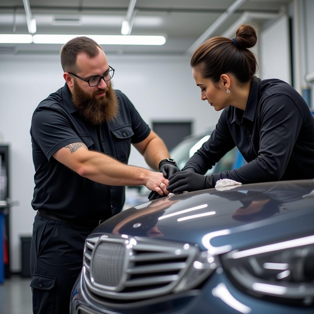 Senior car detailer training a new employee