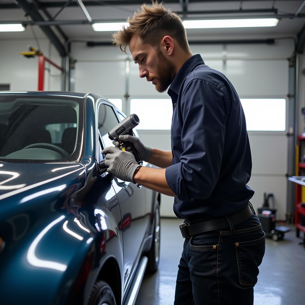 A professional car detailer meticulously applying ceramic coating to a luxury vehicle