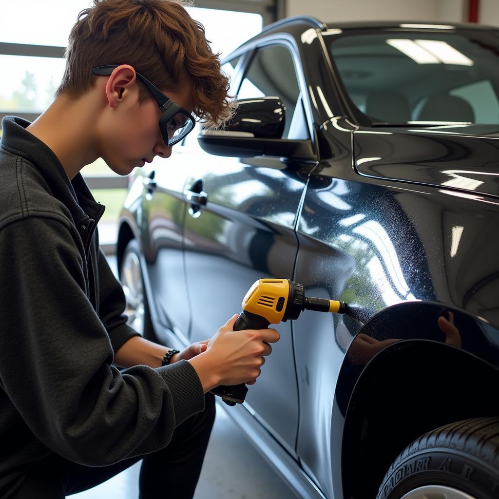 Teenager Applying Ceramic Coating to a Car