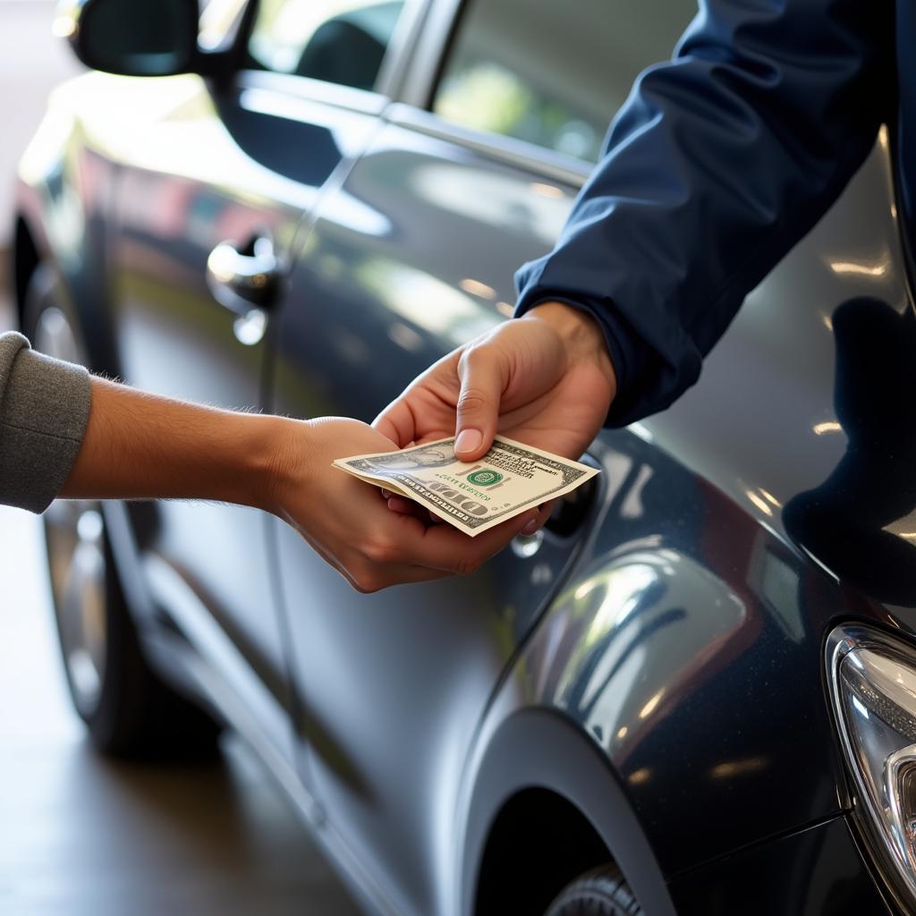 Customer tipping a mobile car detailer after a satisfactory service