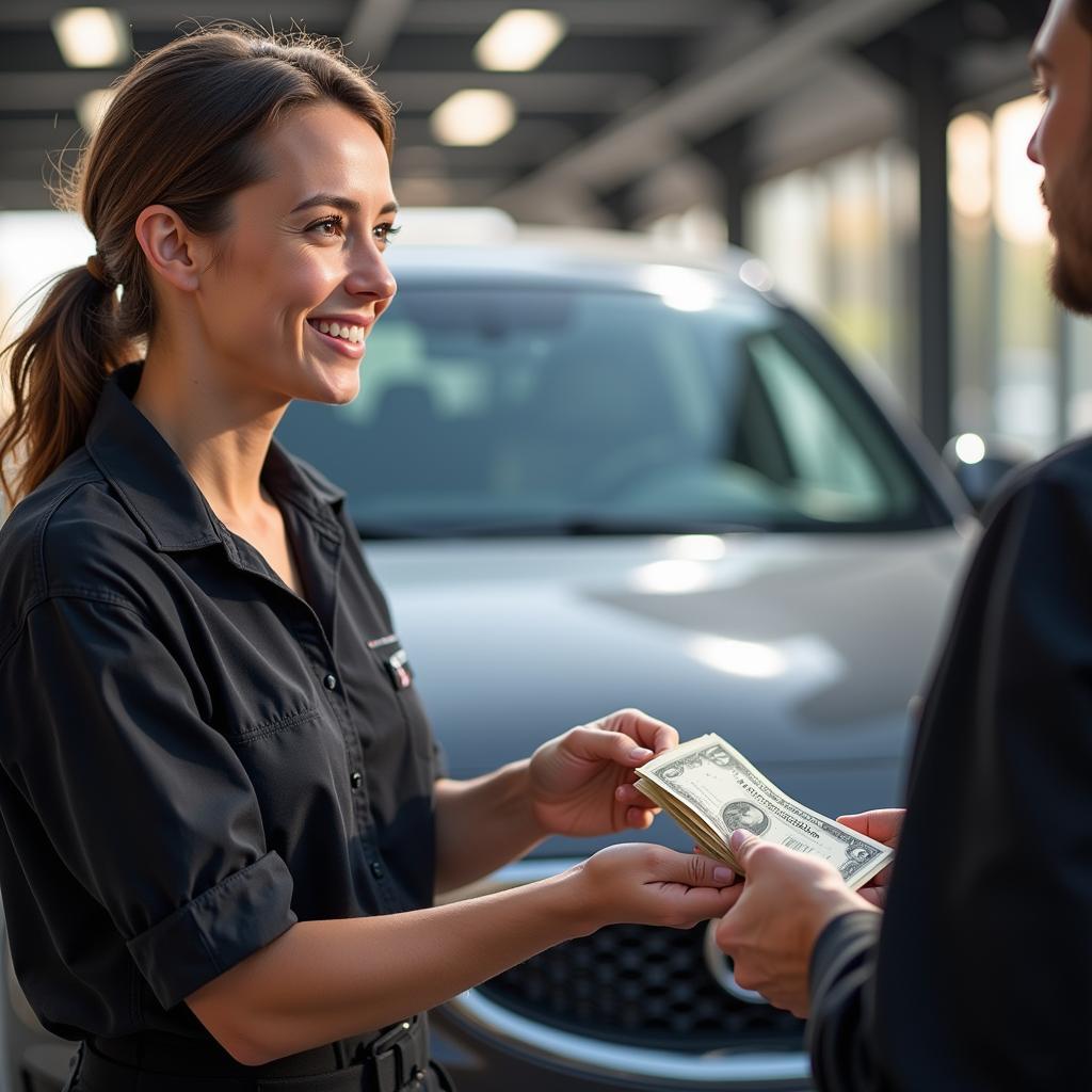 Customer handing cash tip to a car detailer