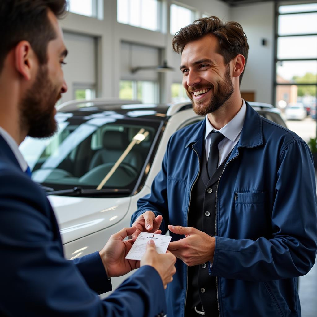 Happy customer tipping a car detailer