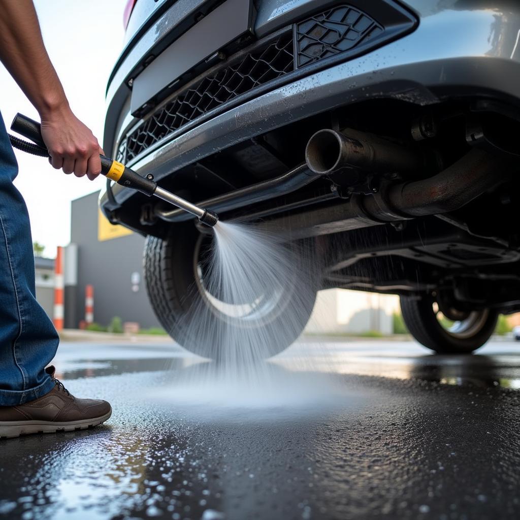 Pre-rinsing the car undercarriage with a pressure washer