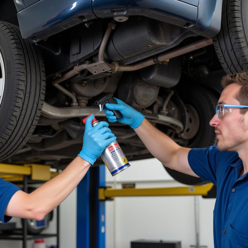 Applying undercarriage sealant during a pre-winter detail protects against road salt and corrosion.