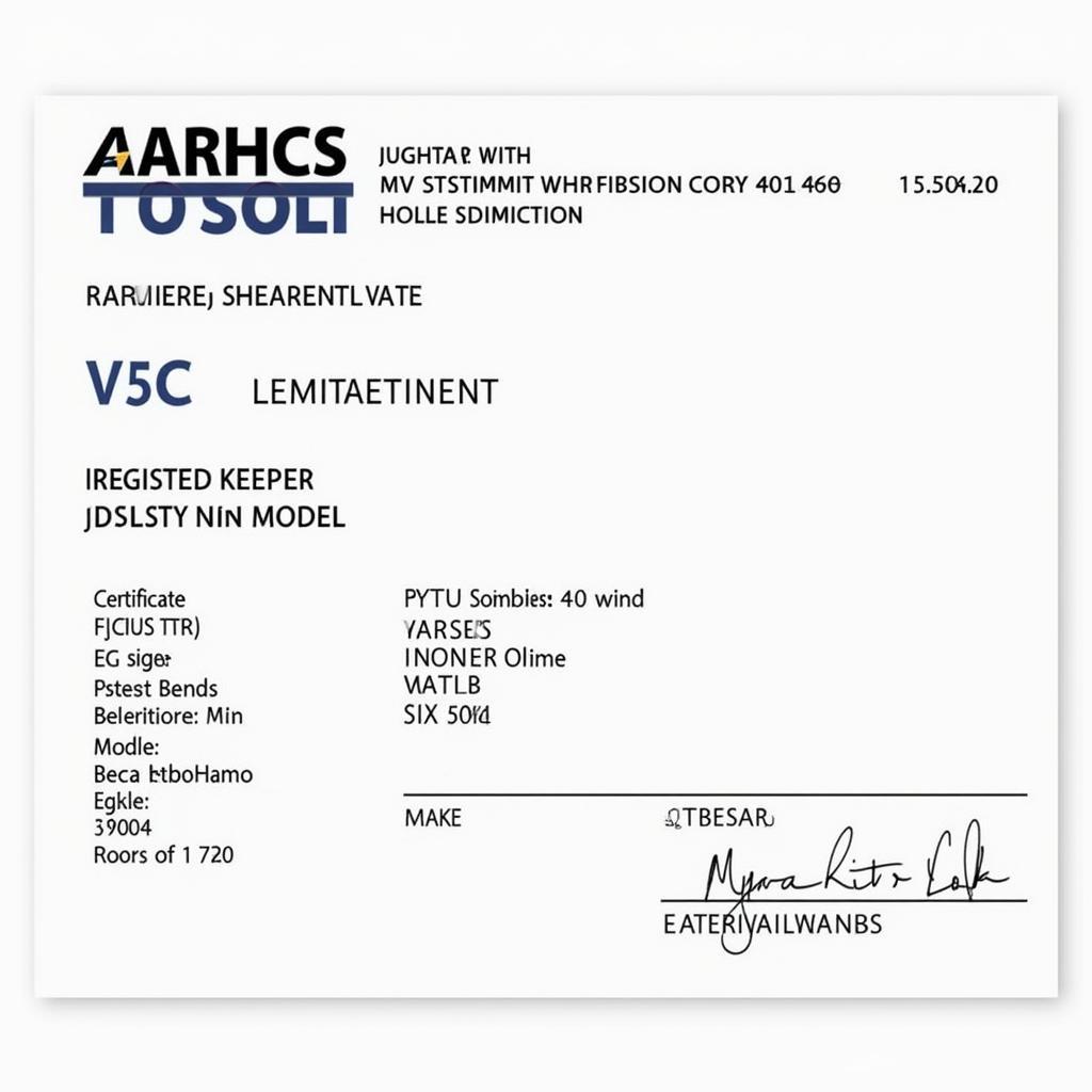 Example of a V5C Registration Certificate