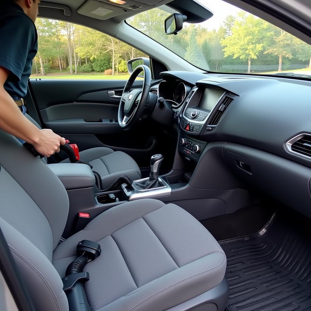 Vacuuming car interior thoroughly during detailing process