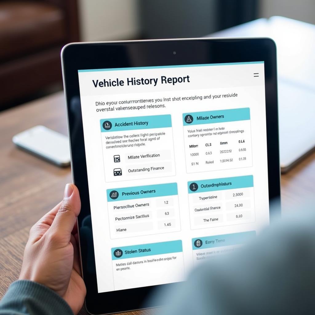 A detailed vehicle history report displayed on a tablet