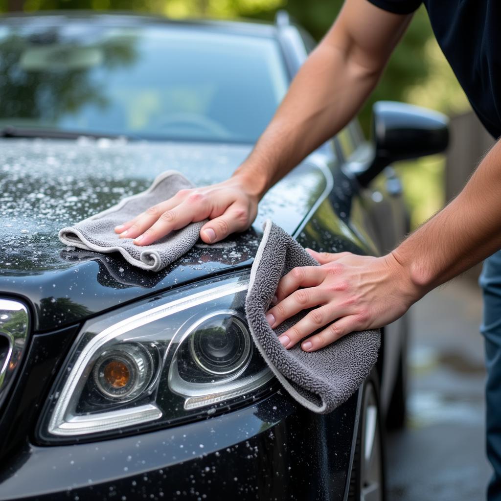 Washing a used car with soap and water