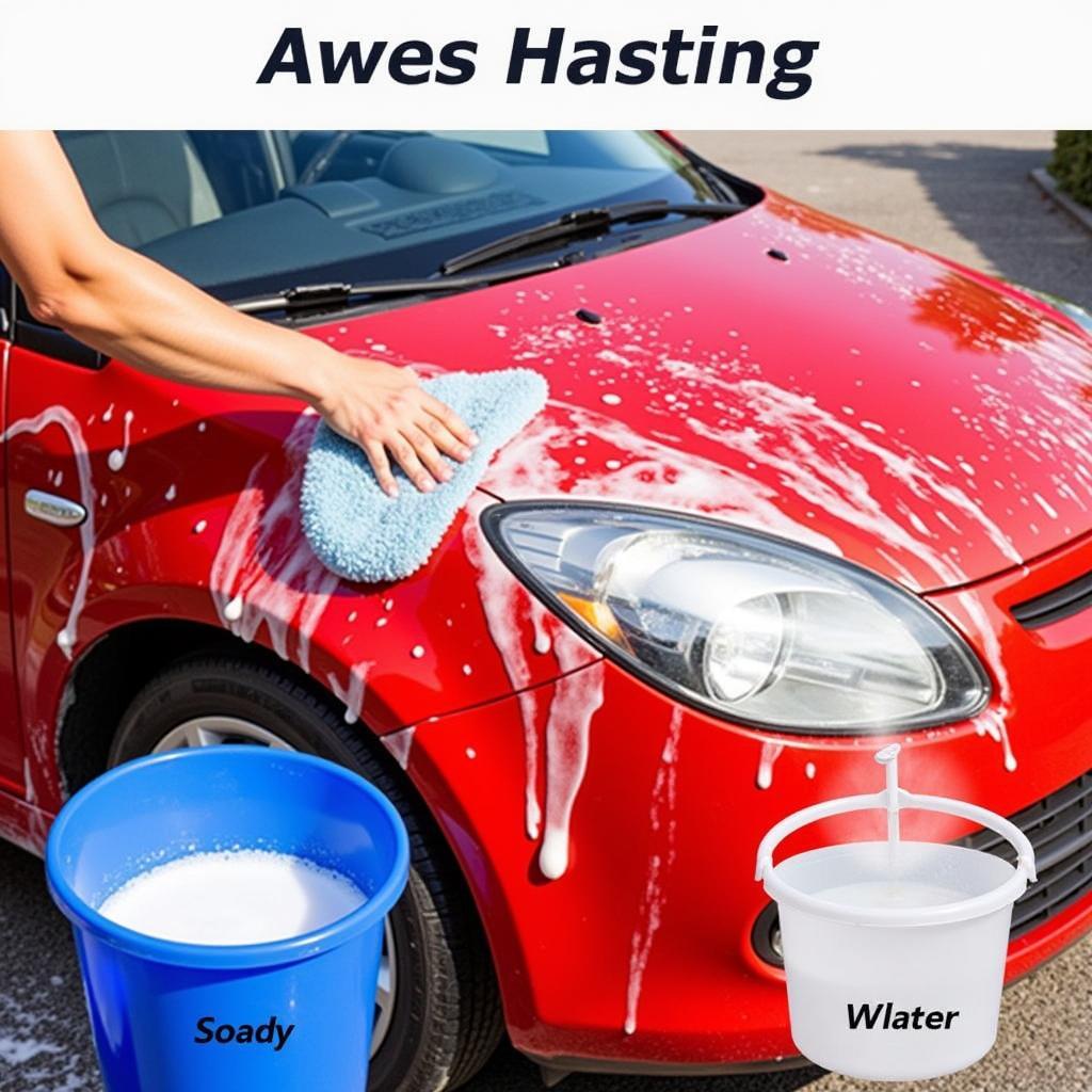 Washing a red car using the two-bucket method