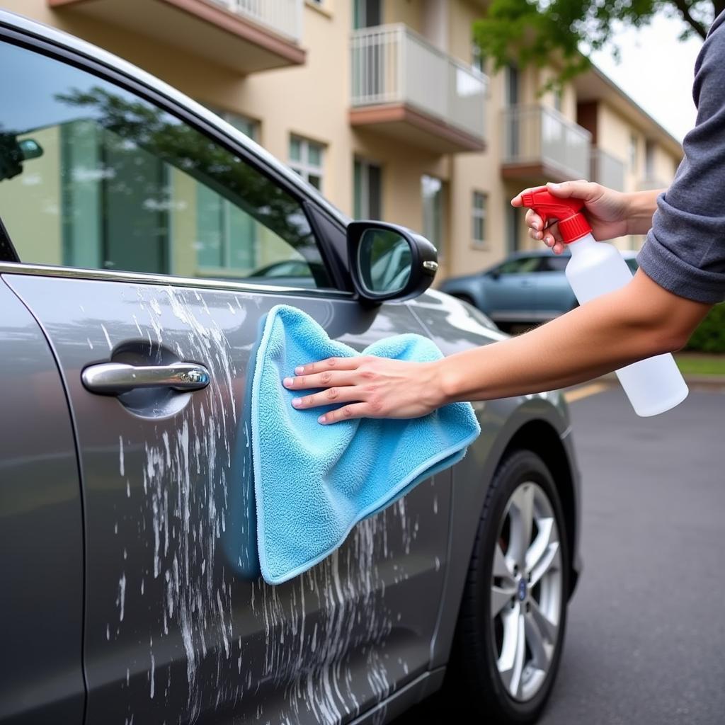 Using waterless car wash in apartment parking