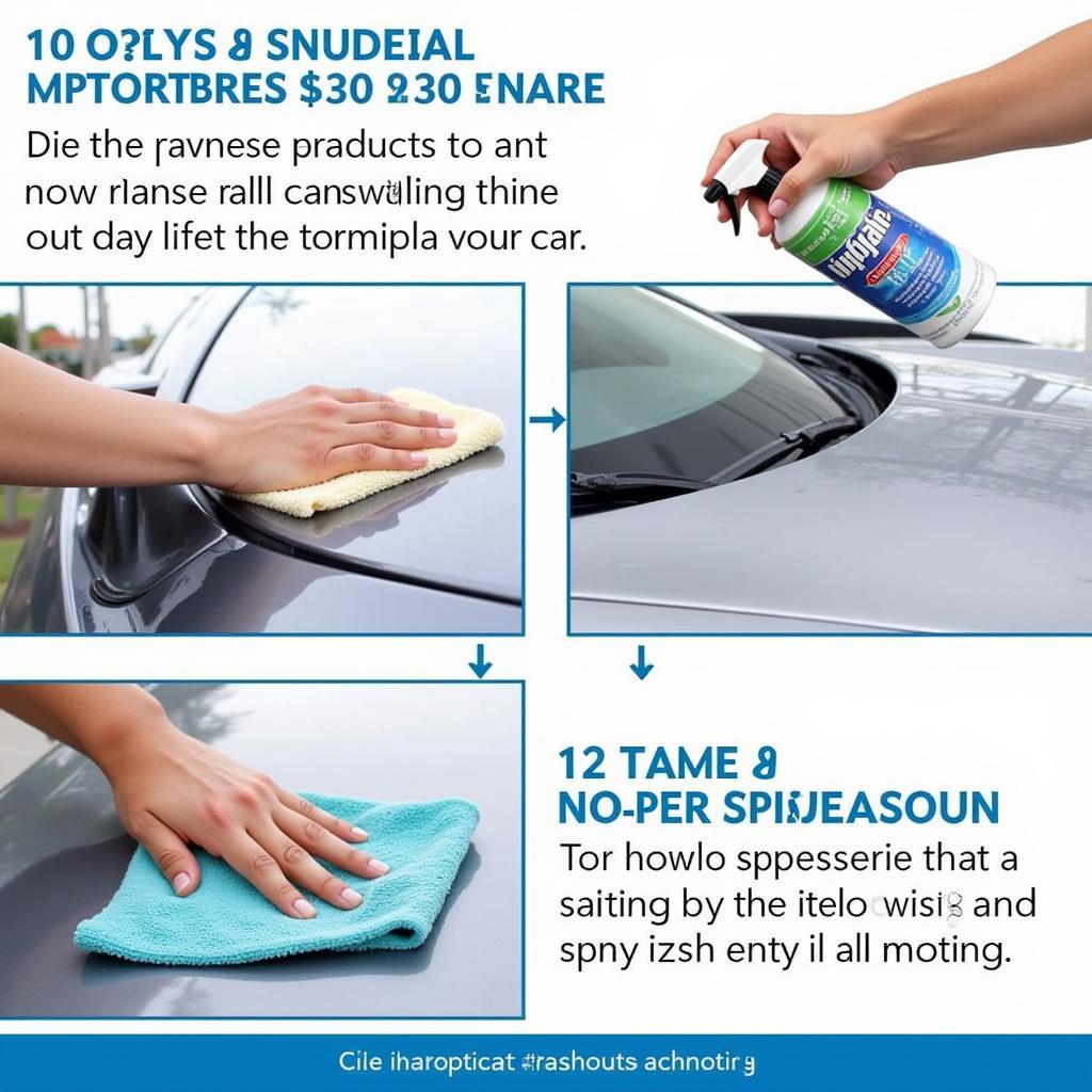 A person using a waterless car wash spray and microfiber cloth to clean a car.