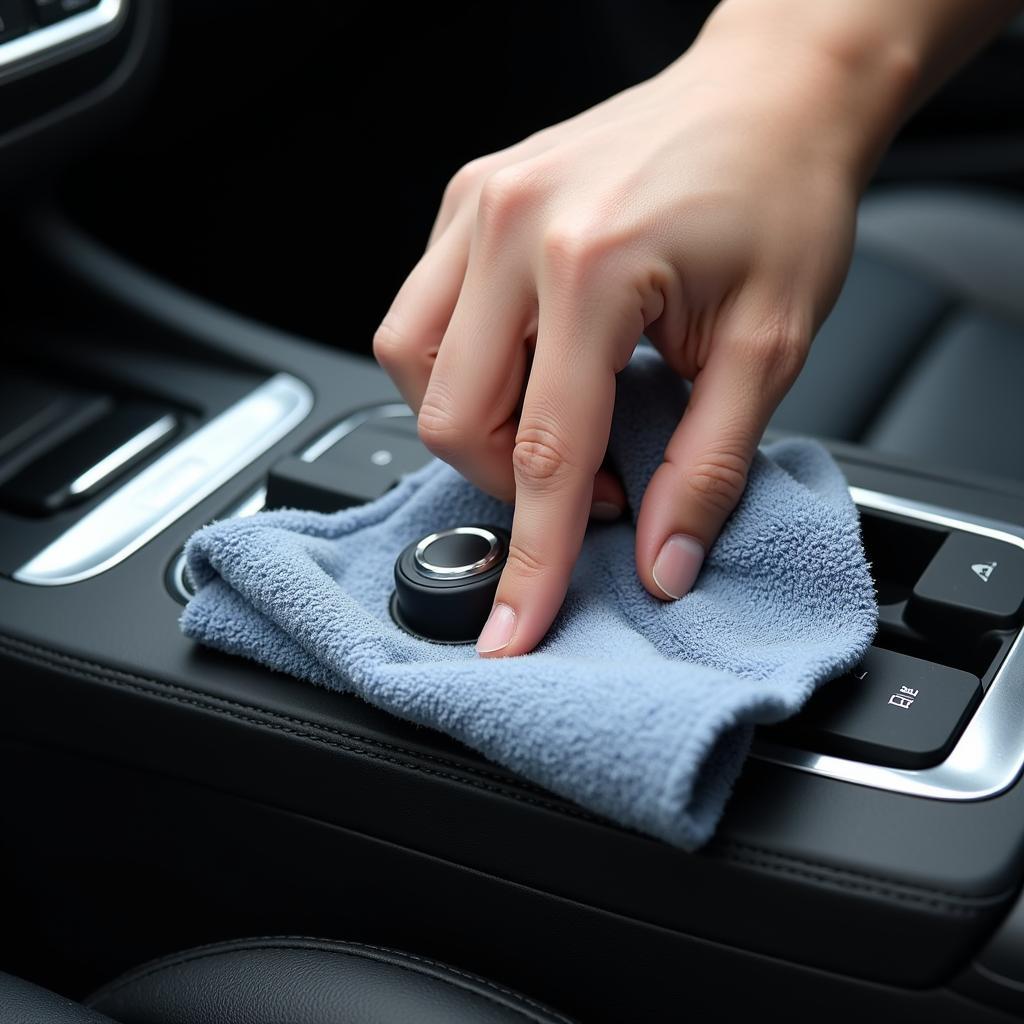 Wiping Car Console Buttons with a Microfiber Cloth