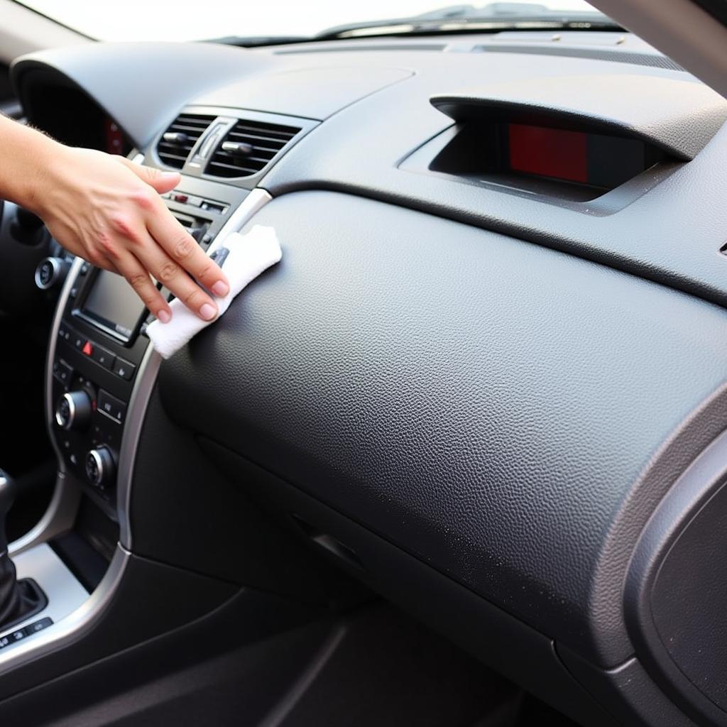 Wiping car dashboard with a microfiber cloth during interior detailing