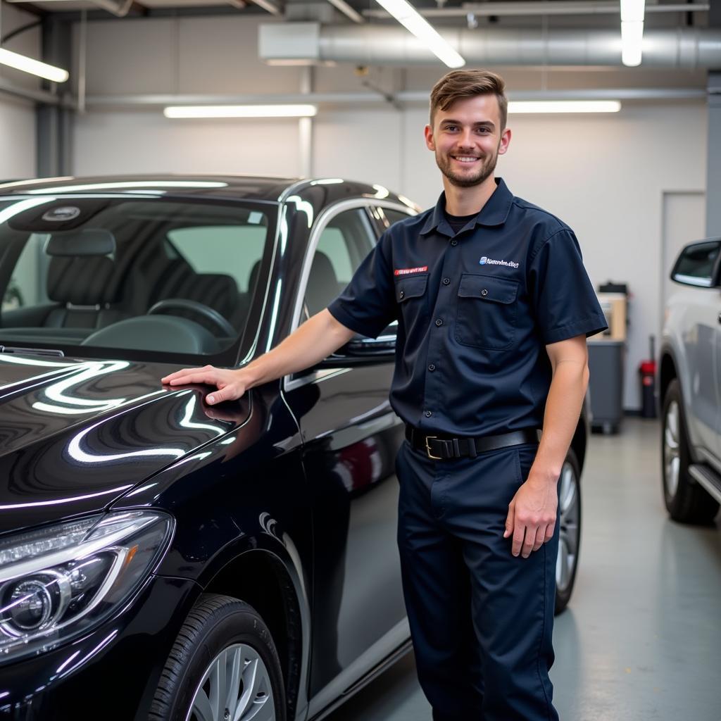 Young Car Detailer with Satisfied Client and a Sparkling Clean Car