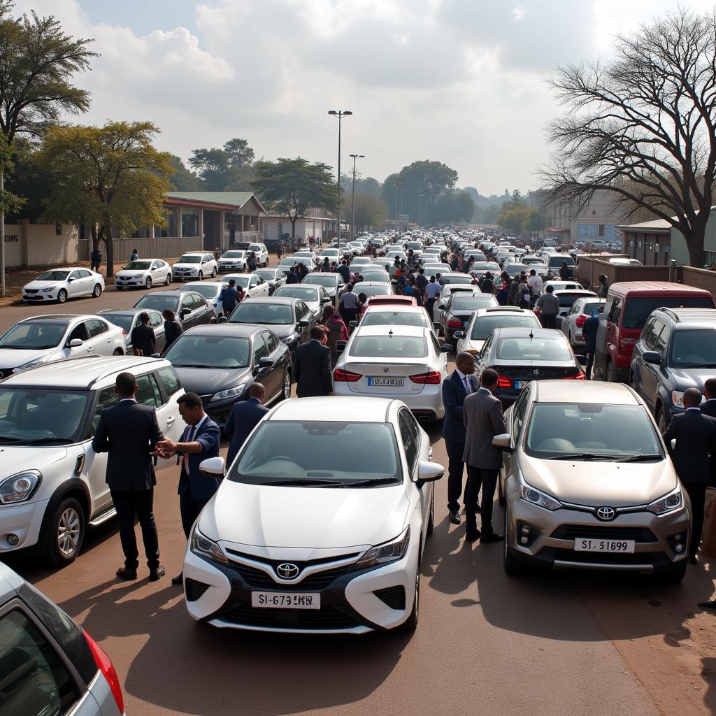 Zimbabwe Car Junction Overview: A bustling car junction in Zimbabwe showcasing a variety of vehicles and customer interactions.