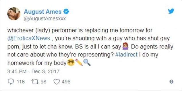 This tweet from August Ames was labelled as homophobic by her fellow porn actors. (Twitter)