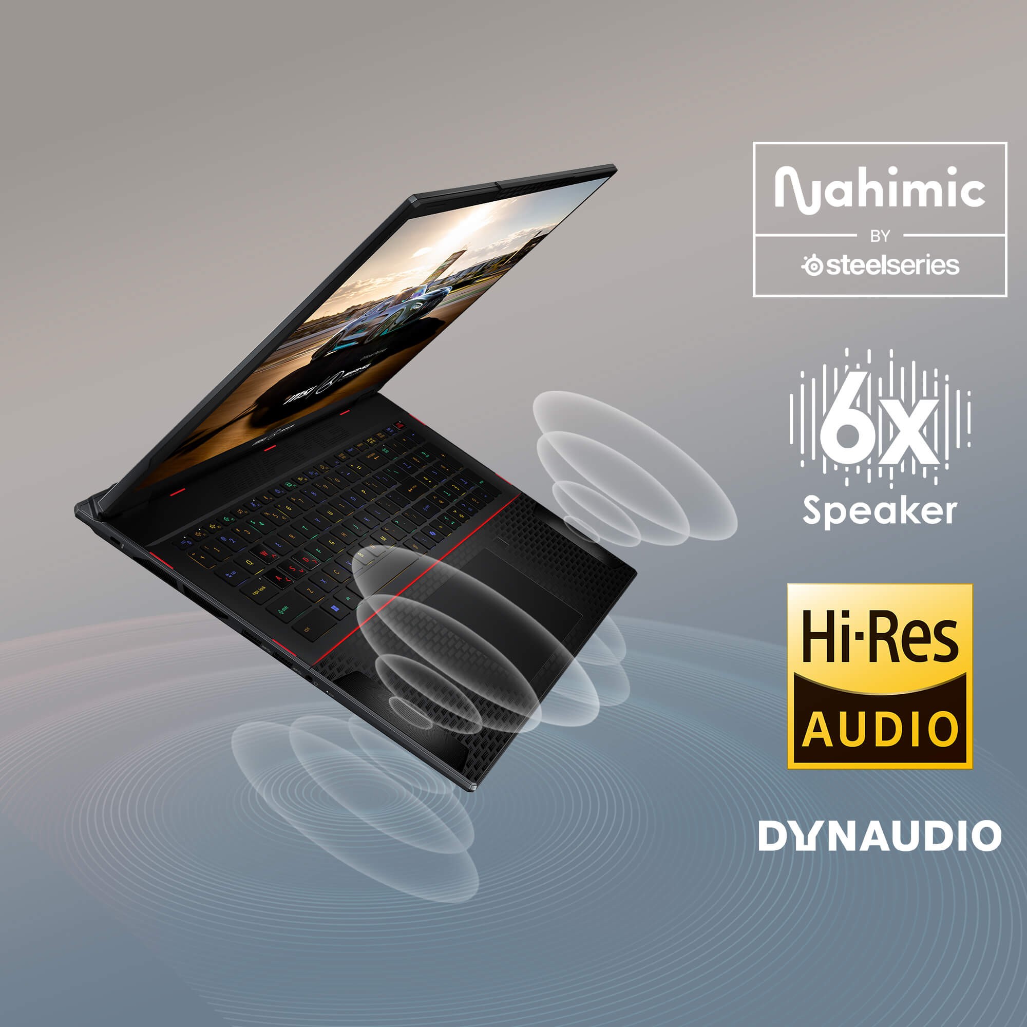 Close-up of the Dynaudio speaker system integrated into the MSI Mercedes Laptop, emphasizing audio quality