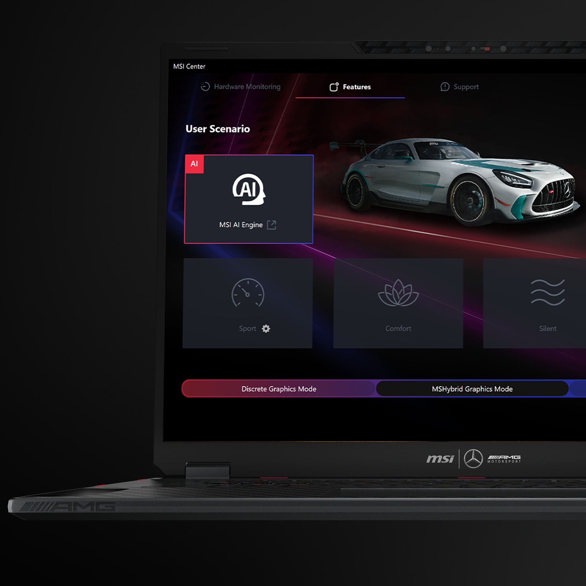 MSI Center software interface highlighting AI-powered optimization features on the MSI Mercedes Laptop