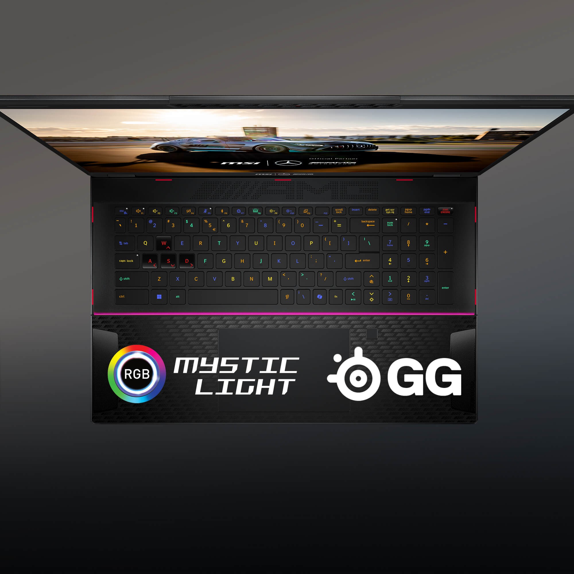 Ambient Mystic Lighting effects on the MSI Mercedes Laptop keyboard, showcasing customization options