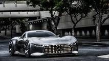 Mercedes-AMG Vision Gran Turismo iconic gullwing doors and sleek silver exterior