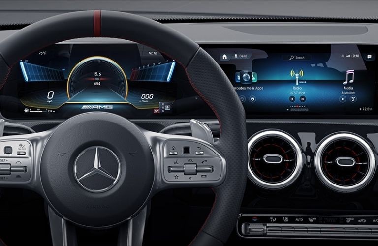 Mercedes-AMG CLA 35 Coupe interior showcasing digital cockpit and MBUX system