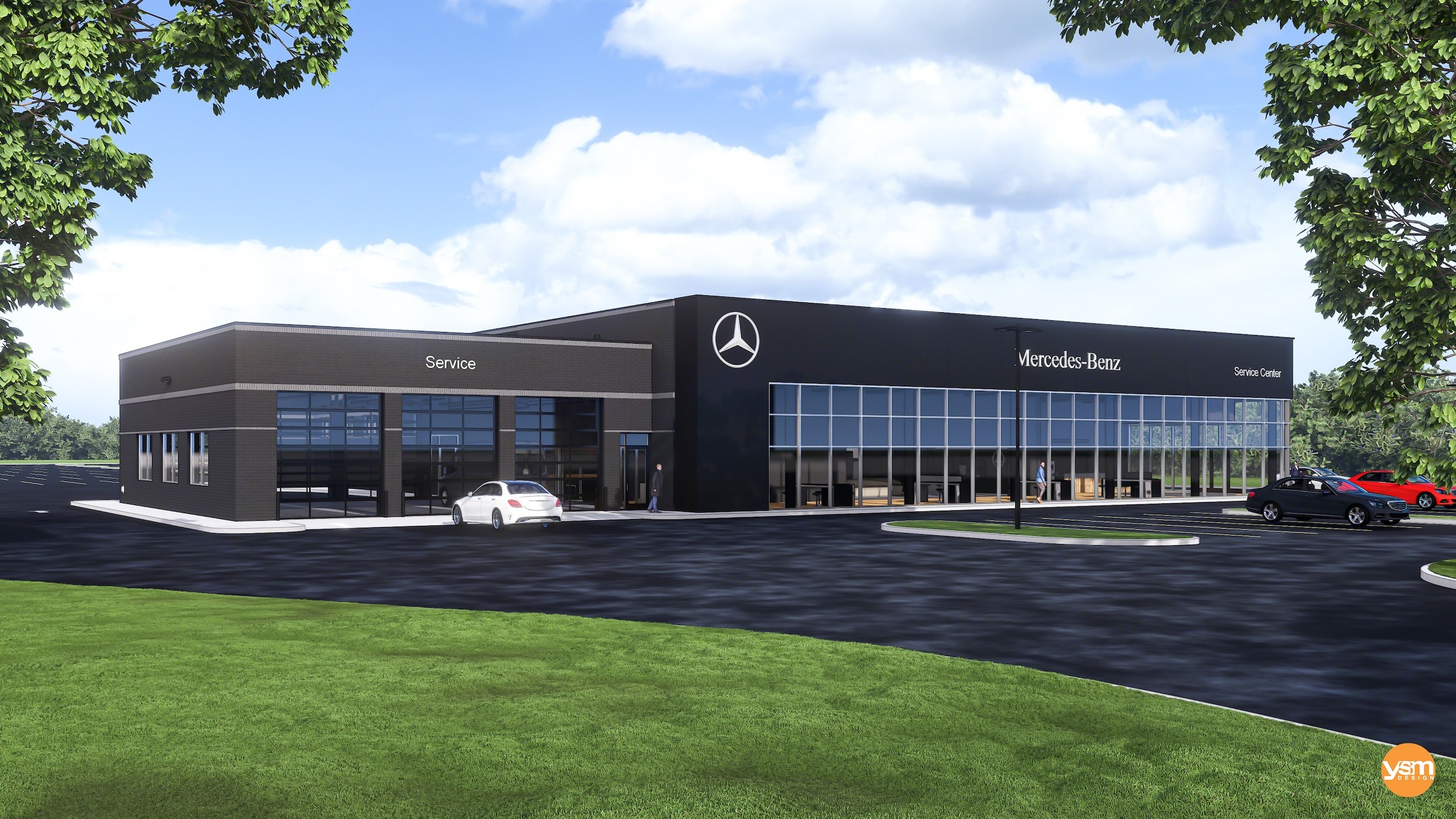 Exterior of the new Mercedes-Benz of Atlanta South service center showcasing modern architecture and customer-focused design.