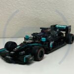 Detailed F1 Lego Mercedes W11 model, side view, showcasing accurate proportions and design.