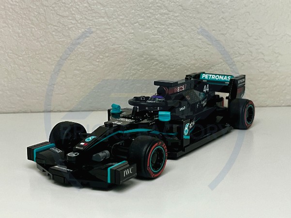 Detailed F1 Lego Mercedes W11 model, side view, showcasing accurate proportions and design.